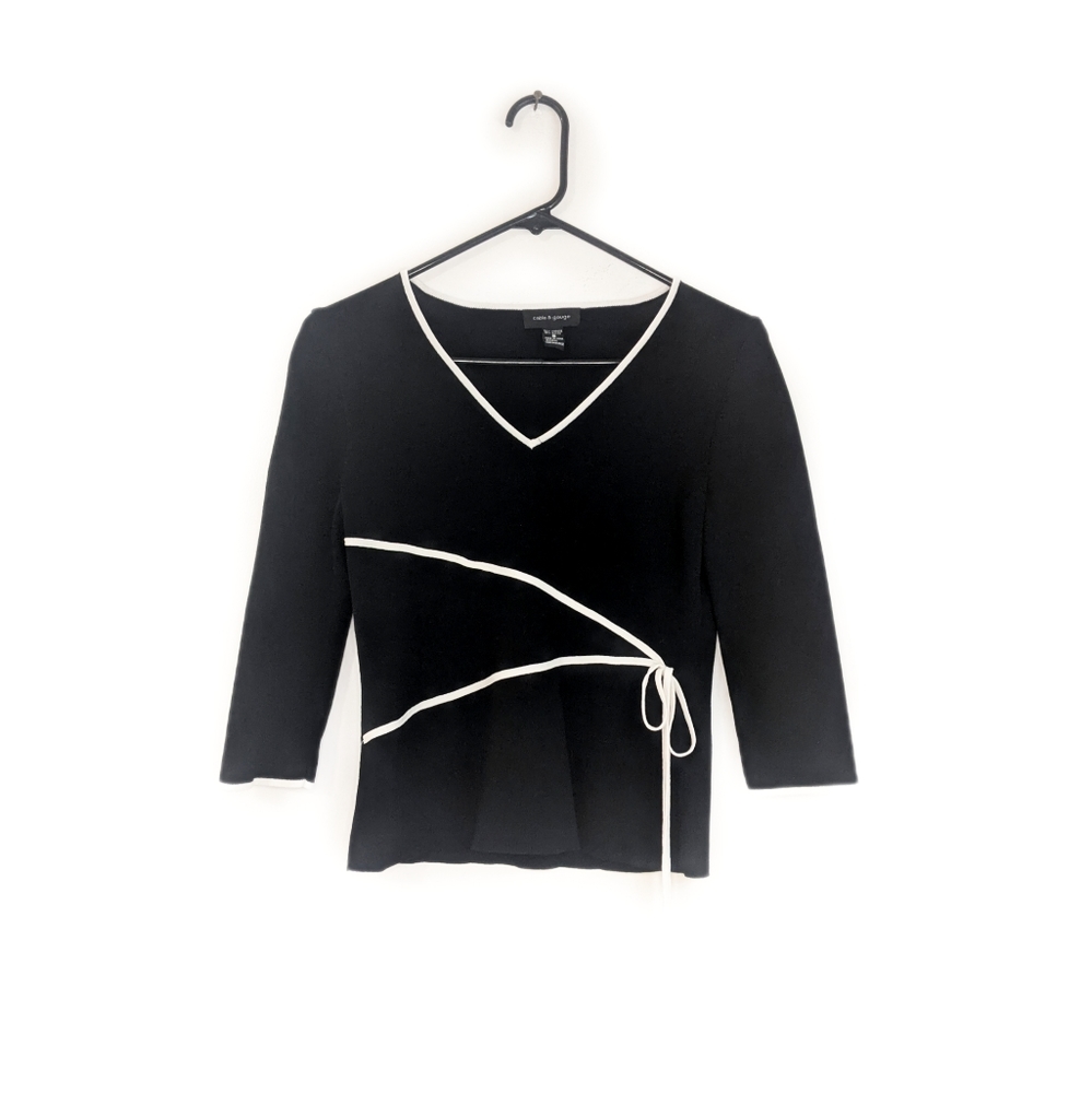 Y2K Preppy Faux Wrap Black V Neck 3 Quarter Length Sleeve Fitted Sweater